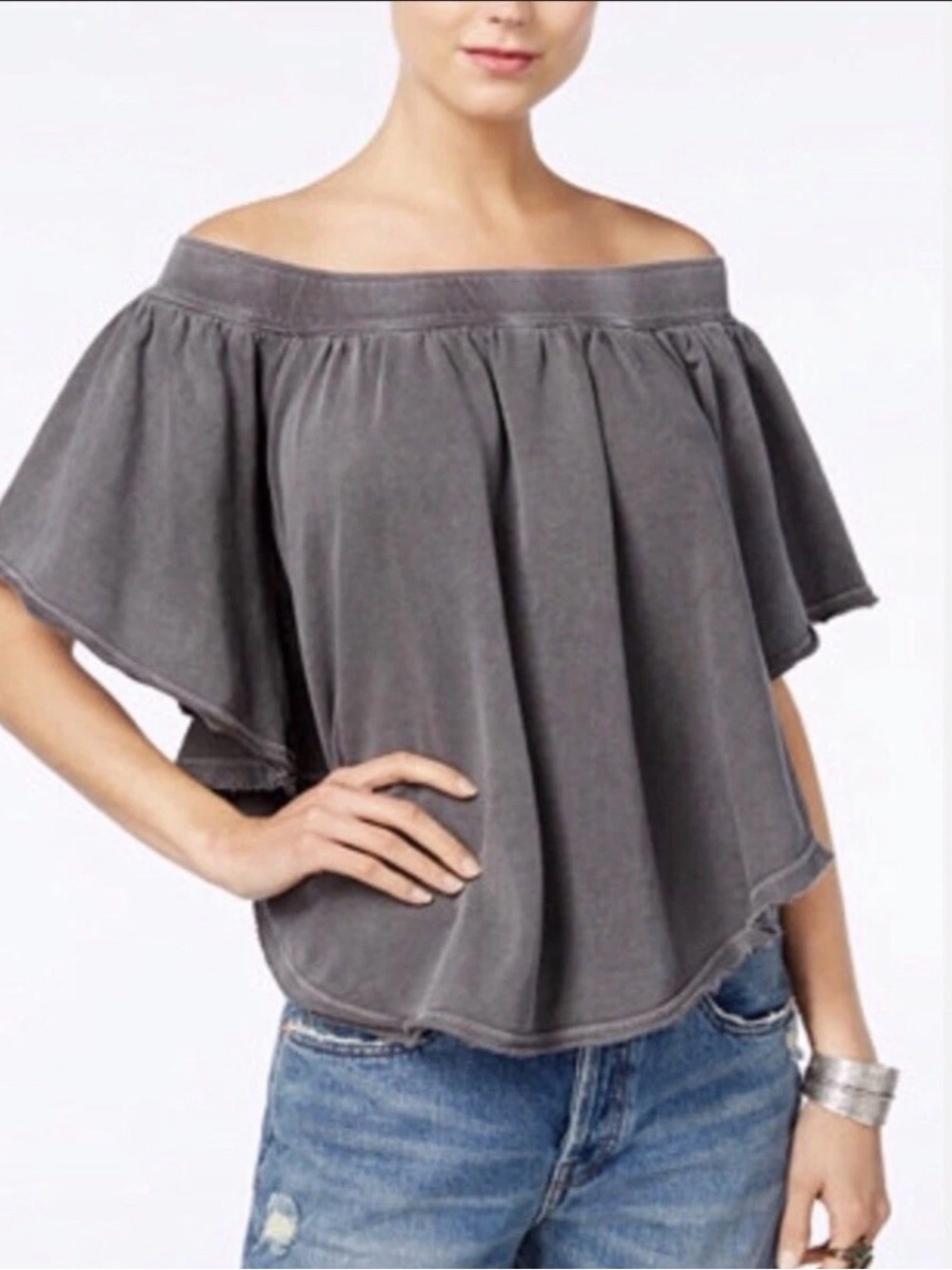 Free People Women’s Kiss Me Off-the-Shoulder Gray Flutter Top Size Medium NWT